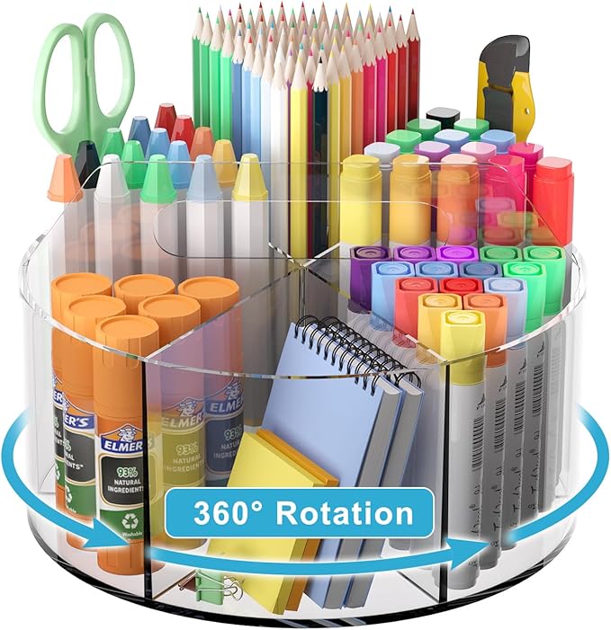 Acrylic Pen Holder for Desks, Acrylic Desk Organizer Clear, 360 Degree Pencil Holder for Desk Kids, Rotating Desk Organizer Rotating Pen Holder for Desk, Art Supply Storage Organizer 6 Compartments-DeskLoop Office