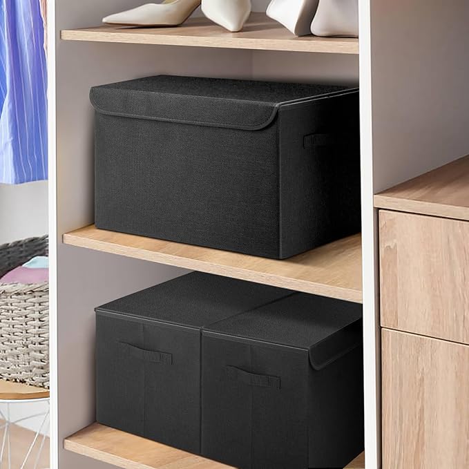 Large 22 Quart Linen Fabric Foldable Storage Bin Cube Organizer Basket with Flip-Top Lid & Handles, Clothes Blanket Box for Home, Office, Closet, Black, 4 Pack 14.6 x 9.5 x 9.5”-DeskLoop Office