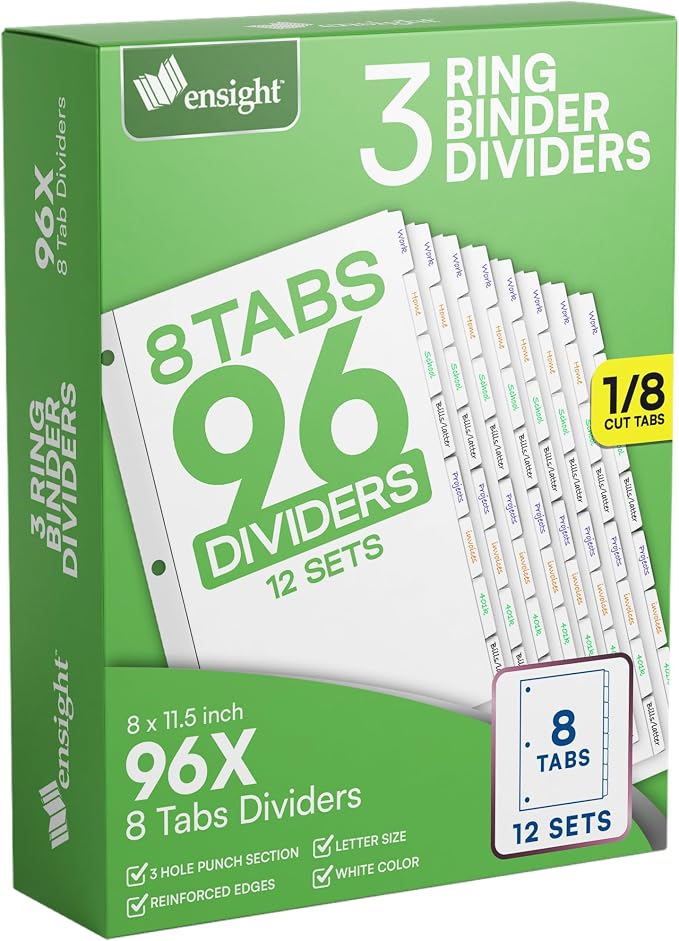 Ensight 3 Ring Page Dividers Bulk, 1/8 Cut Tab Dividers by ensight