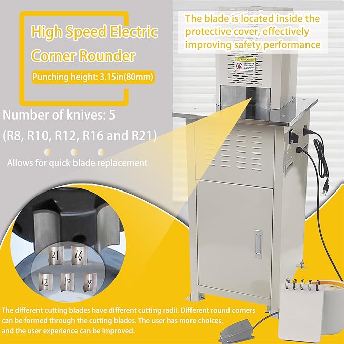 Electric Round Corner Cutter Machine with 5 Blades (8/10/12/16/21mm Radius) Foot Pedal Operation Safety Guard Heavy Duty Paper Corner Rounder for Paper Cardstock Leather Plastic-DeskLoop Office