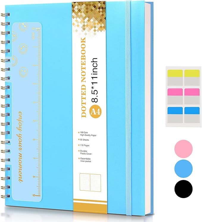 Dotted Notebook, Spiral Notebook Journal 8.5” x 11”, A4 Large Dot Grid Notebooks for Women Men, 100 GSM Dotted Paper, Plastic Hardcover Spiral Bullet Journals for Work School Sketching, Blue-DeskLoop Office