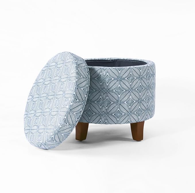 HomePop Upholstered Round Storage Ottoman|Homepop Home Décor|Upholstered Round Foot Rest Ottoman -Blue Indigo Print-DeskLoop Office