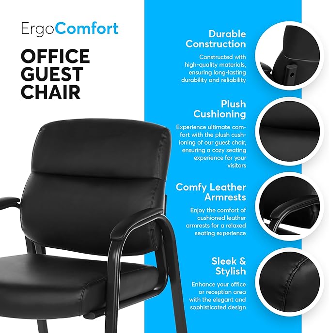Oline Leather Guest Chair with Padded Arms, Reception Meeting Conference Waiting Room Lobby Home Desk Big and Tall Executive Office Chair, Black (4 Pack)-DeskLoop Office