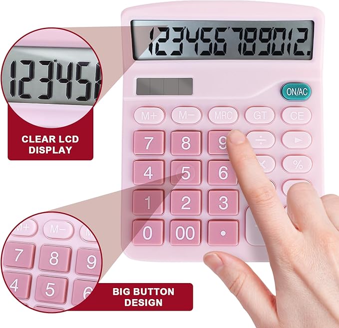 Basic Calculator with Comfortable Large LCD Display, 12 Digits Calculators Desktop, Tilt Screen, Big Button, Desk Calculator with Dual Power (Solar & Battery Included) (Pink)-DeskLoop Office