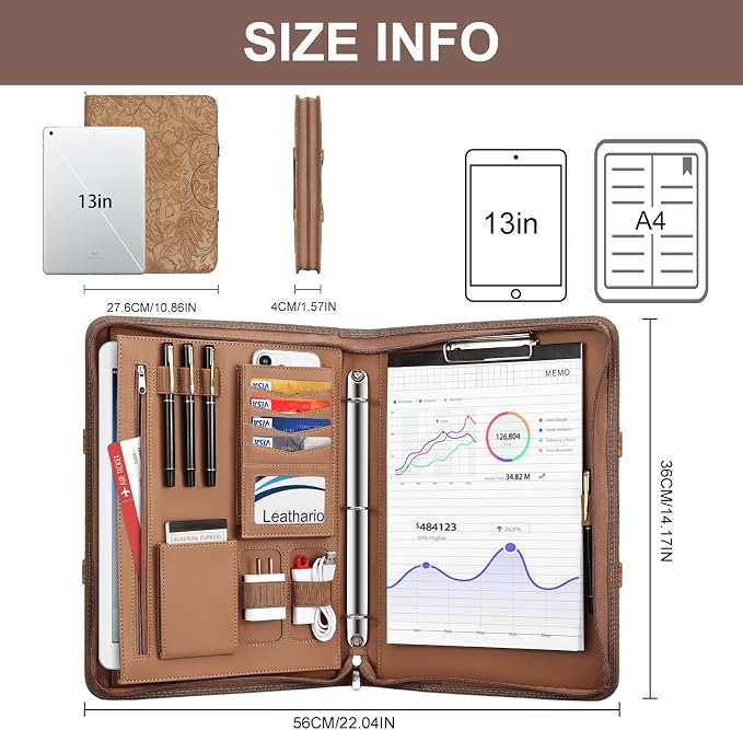 Leathario Portfolio Binder, Includes 5 Folder Index Dividers, 13 Inch Tablets - Image 3