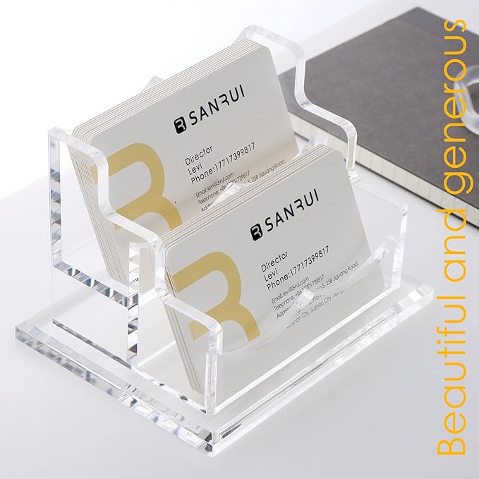 SANRUI Clear Horizontal Business Card Holder Stand for Desk, Acrylic Desktop Display Name Cards Holders Organizer Storage Rack,for Exhibition, Home , Office ,2 Tier 2 Pocket , 120 Card Capacity-DeskLoop Office