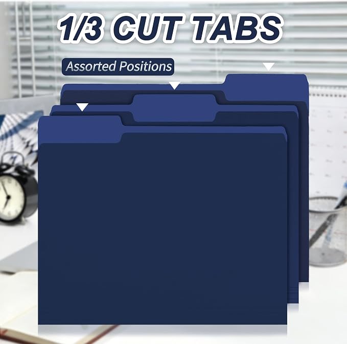 VZCPYTPM 100 Pack Navy Blue File Folder, 1/3-Cut Tabs, Paper File Folders - Image 5