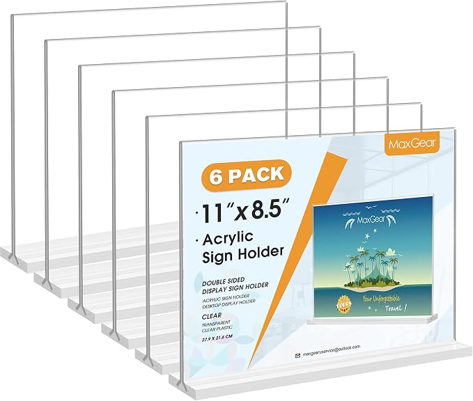 MaxGear Acrylic Sign Holder Horizontal Double Sided Display Stand 6 Pack | by MaxGear