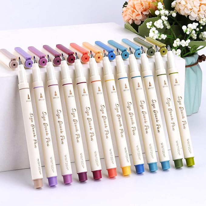 WRITECH Arts Sign Brush Pen Brush Tip Marker Felt Tip Water Based Ink Color Pens 12 Assorted Vintage Colors Great for Lettering Journaling Calligraphy (Vintage)-DeskLoop Office