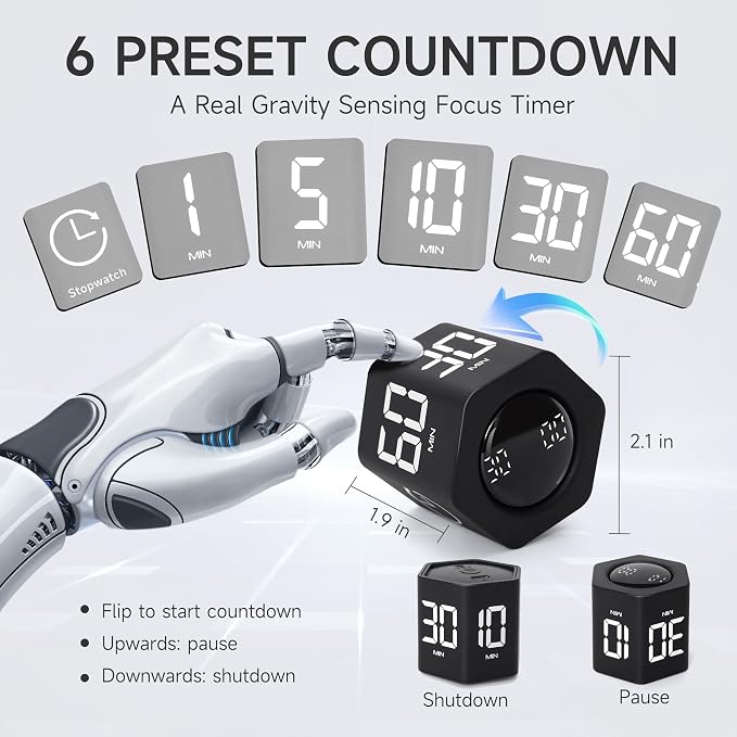 Exlliy Productivity Timer 1, 60 Minutes Preset, Desk Cube Timer - Image 2