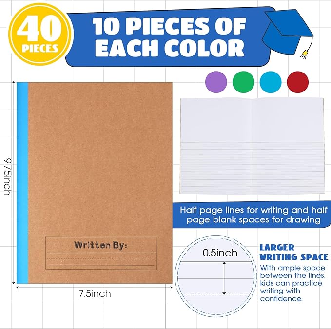 Henoyso 40 Pcs Primary Composition Notebook 9 3/4 x 7 1/2 Inch Kids Journal, Back to School Supplies, K-2 Primary Writing Notebook for Kids Student Draw and Write Story Journal (4 Color)-DeskLoop Office