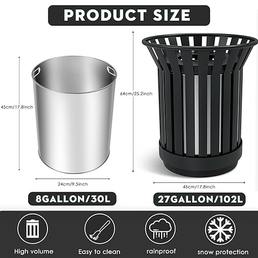 25.2IN Large Round Large Outdoor Trash Can, Heavy Duty Metal Slatted Garbage Can Outdoor, All Weather Resistant Commercial Garbage Cans, Waste Receptacle in Park, School, Beach, Patio Black-DeskLoop Office