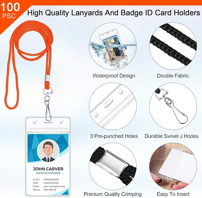 Marspark 100 Pack Lanyard with ID Holder Bulk, Waterproof Resealable Name Tag - Image 3