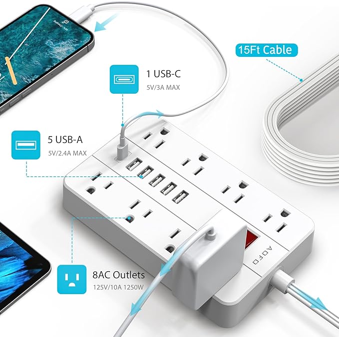 15ft Extension Cord Long Power Strip,AOFO 8 Widely-Spaced Outlets & 6 USB Ports Flat Plug Power Strip,Power Cord for Wall Mountable and Desktop White-DeskLoop Office