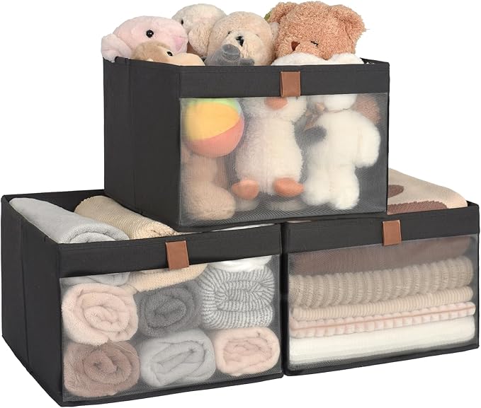 StorageWorks Closet Storage Bins, Extra Large Storage Baskets with Clear Window and Handles, Foldable Fabric Organizer for Clothes, Shelves, Black, 3 Pack-DeskLoop Office