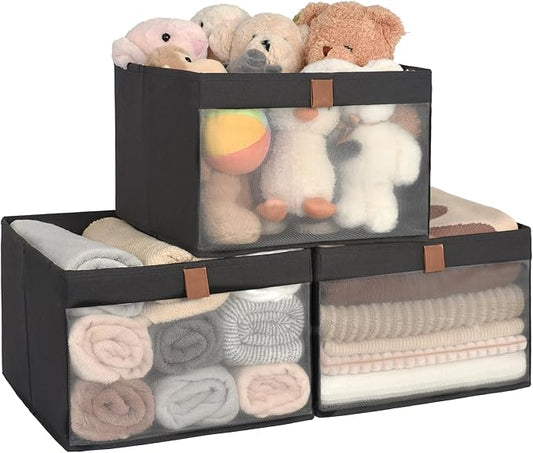 StorageWorks Closet Storage Bins, Extra Large Storage Baskets with Clear Window and Handles, Foldable Fabric Organizer for Clothes, Shelves, Black, 3 Pack-DeskLoop Office