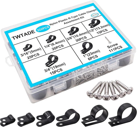 TWTADE 222PCS Black Cable Clamps Assortment Kit, Nylon Plastic R-Type 6 Sizes by TWTADE