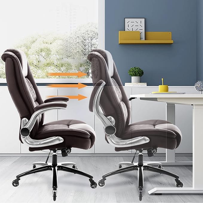 EZAKI High Back Office Chair-Flip-up Arms Executive Computer Desk Chair, Built-in Lumbar Support Thick Padded Adjustable Rock Tension Ergonomic Design for Back Pain (Brown)-DeskLoop Office