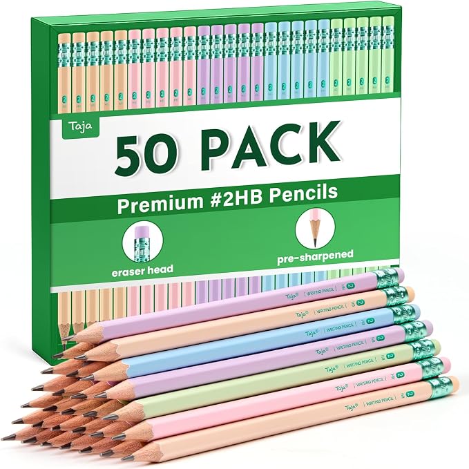 Taja 50 Pack Wood-Cased #2 HB Pencils, Bulk Pre-Sharpened Pencils by Taja