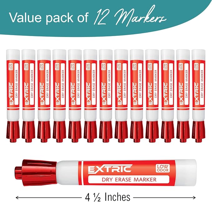 EXTRIC Red Dry Erase Markers 12 PK Whiteboard Marker Chisel Tip Low Odor | Use: - Image 2