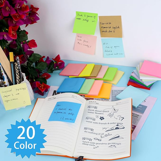 100 Pack Sticky Notes 3x3 Inch Colorful Self Stick Note Pads | 20 Colors - Image 8