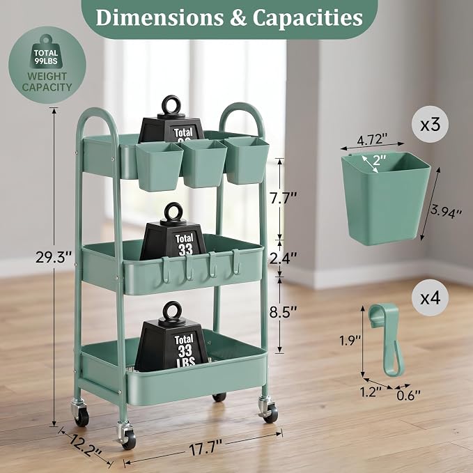 danpinera 3-Tier Rolling Cart, Utility Cart Mobile Metal Rolling Storage Cart - Image 2