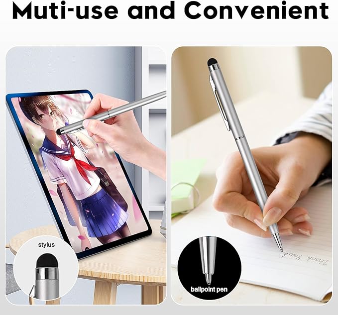 15 Pack Stylus Pens for Touch Screens Stylus Pen Compatible with Phone Tablets Kindle and Black Ink Ballpoint Pens-2 in 1 Stylists pens for Touch Screens (Silver)-DeskLoop Office
