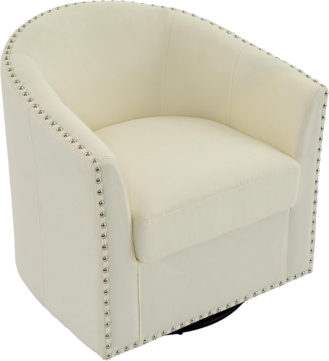 UIXE 360° Swivel Barrel Accent Chair Set of 2, Modern Upholstered Arm Chair Round Club Armchair, Nailhead Trim Single Sofa Seating in Fabric for Living Room - White-DeskLoop Office