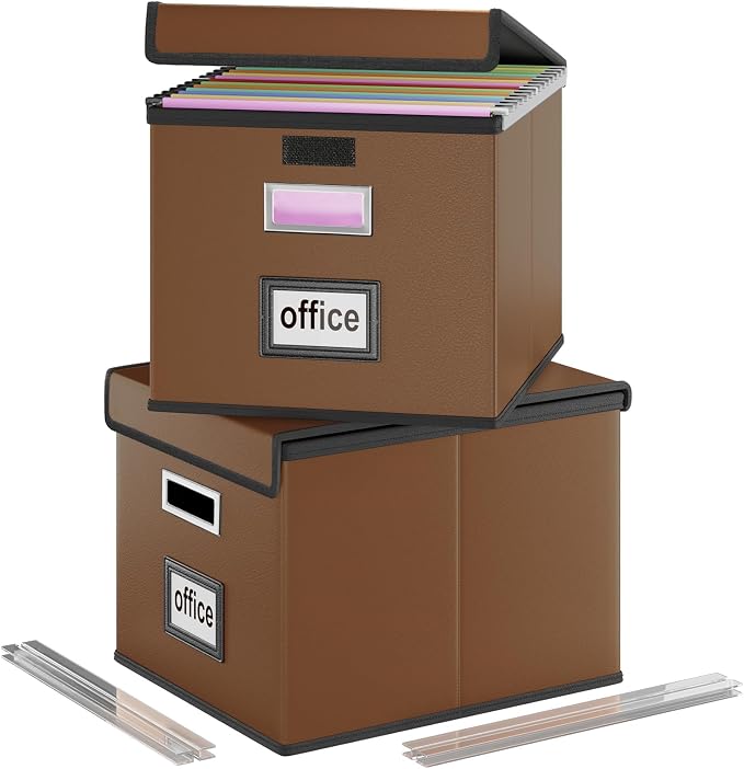 File Organizer Boxes with Lids, Collapsible Faux Leather Hanging File Folder by Huolewa