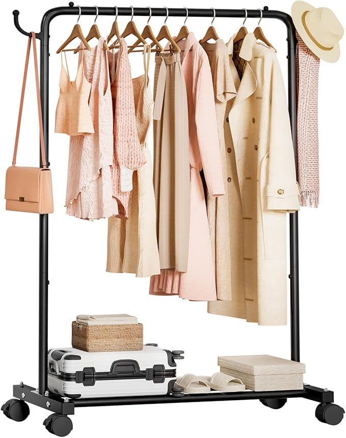 Homde Heavy Duty Clothes Rack: 120lb Standing Garment Storage for Indoor - Rolling Hanging Rod for Bedroom Laundry Room - Coat Dress Organizer on Wheels with luggage shelf (Black，32")-DeskLoop Office