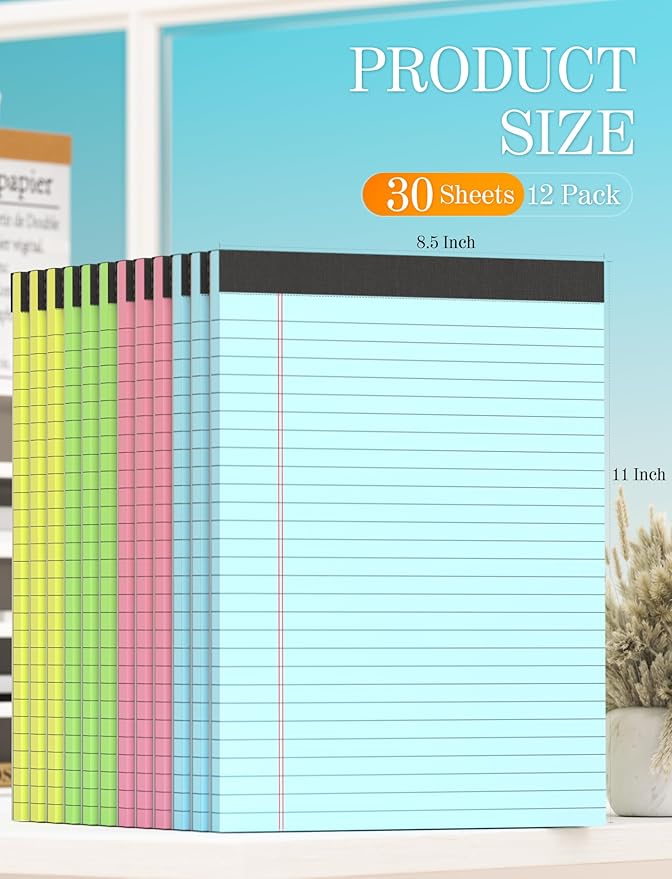 Legal Pads 8.5 x 11 Colored Note Pads, 12 Pack Colored Paper Pads 8.5 x 11 Lined Paper, Pads of Paper 8.5 x 11 Writing Pads, Wide Ruled Notebook Pad 8 1/2 x 11, Legal Notepads 8.5 x 11, 30 Sheets/Pad-DeskLoop Office