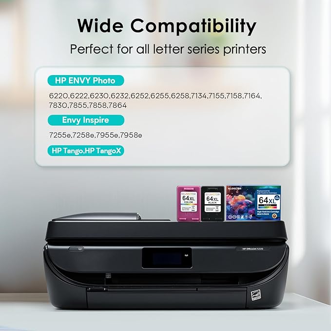 Remanufactured 64XL Ink Cartridges Black/Color Replacement for HP 64XL Ink Cartridge Combo Pack HP Ink 64 for Envy 7855 7858 7155 7800 6252 6255 7100 7164 7200e 7955e 7900e Tango X Printer-DeskLoop Office