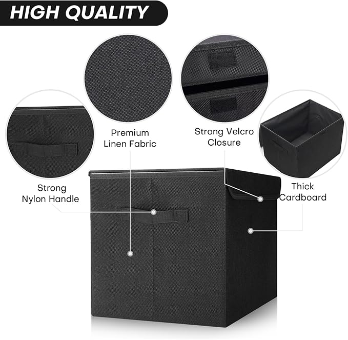 Large 22 Quart Linen Fabric Foldable Storage Bin Cube Organizer Basket with Flip-Top Lid & Handles, Clothes Blanket Box for Home, Office, Closet, Black, 4 Pack 14.6 x 9.5 x 9.5”-DeskLoop Office