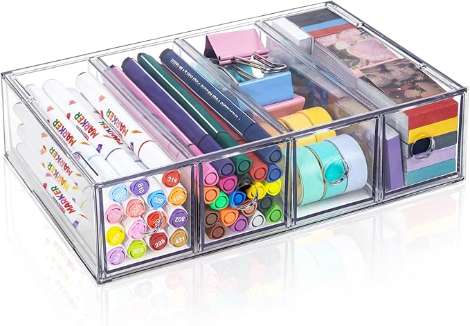 Desk Organizer with 4 Drawers, FODIENS Stackable Desktop Storage Box with by FODIENS