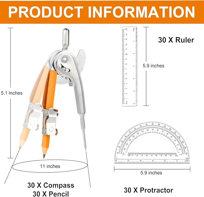 120 Pieces Geometry Math Set Compass for Geometry Math Compass and Protractor Set Include Metal Compass with Pencil Plastic Ruler and Protractor for Student School Office Woodworking Drawing Tools-DeskLoop Office