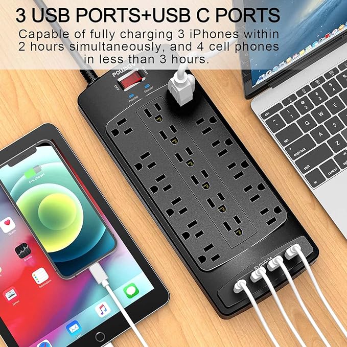 18 Outlets Surge Protector Power Strip - 20 Feet Flat Plug Heavy Duty Extension Cord with 18 Widely Outlets and 4 USB Ports, 2100 Joules, Black, ETL Listed-DeskLoop Office