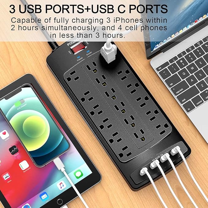 18 Outlets Surge Protector Power Strip - 10 Feet Flat Plug Heavy Duty Extension Cord with 18 Widely Outlets and 4 USB Ports, 2100 Joules, Black, ETL Listed-DeskLoop Office