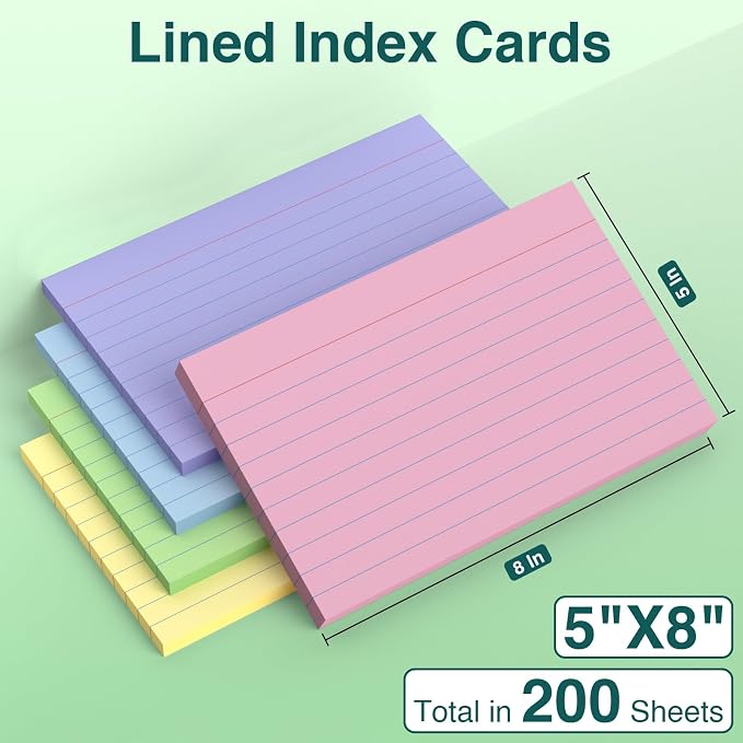 Index Cards 5x8, 200 Sheets, Ruled Color Flash Cards - Image 2