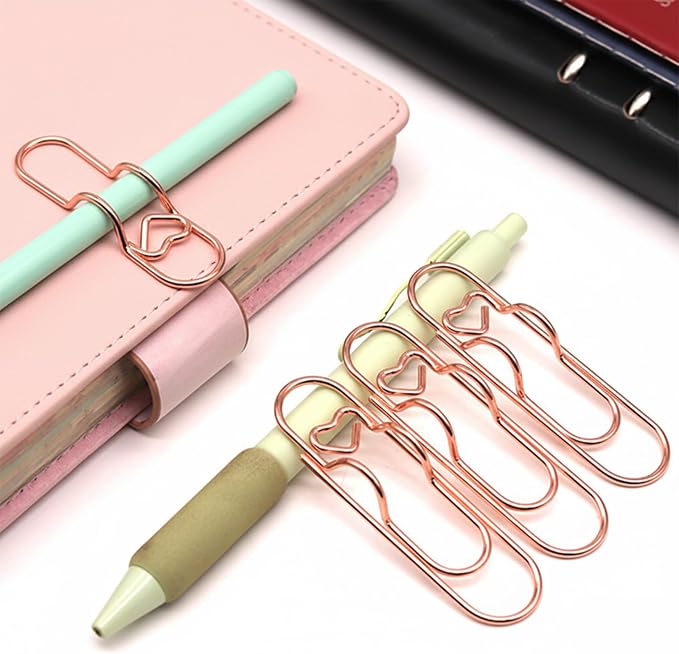 12-Pack Pen Holder Clips for Notebook, Cute Heart Paper Clips, Rose Gold Office - Image 2