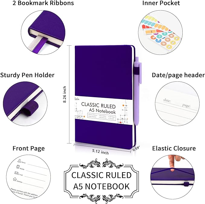 feela 12 Pack Notebooks Journals Bulk, Hardcover Notebook Classic Ruled Journal Set with Pen Holder for School Business Work Travel Writing, with 12 Black Pens, 120 GSM, 5.1”x8.3”, A5, Purple-DeskLoop Office