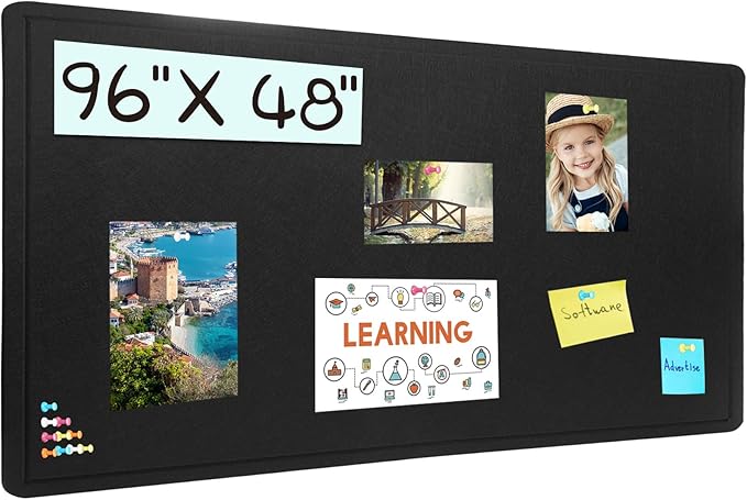 Extra Large Bulletin Board, 96 X 48 inches Cork Board with 30 Pushpin, 8' x 4' Felt Cork Board Notice Pin Board, Self-Adhesive Vision Board Mood Board Foldable Photo Board for Wall - Black-DeskLoop Office