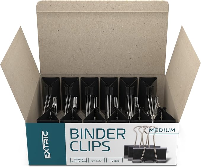 Binder Clips - 24 Medium Binder Clips, 1.25 Inch Black Paper Clamps, File Clip - Image 2