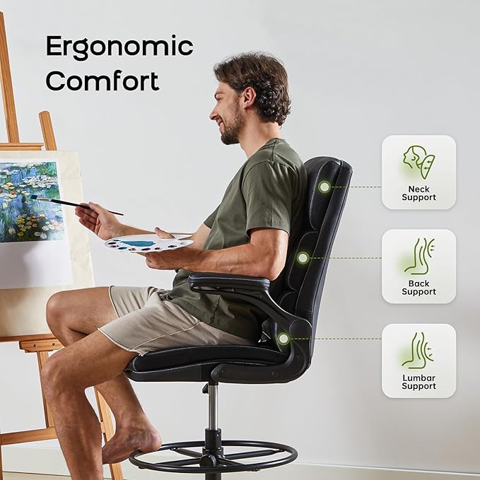 Drafting Chair Tall Office Chair with Padded Flip-up Armrests Executive Ergonomic Computer Standing Desk Chair with Comfortable Leather Backrest and Adjustable Footrest Ring (White)-DeskLoop Office