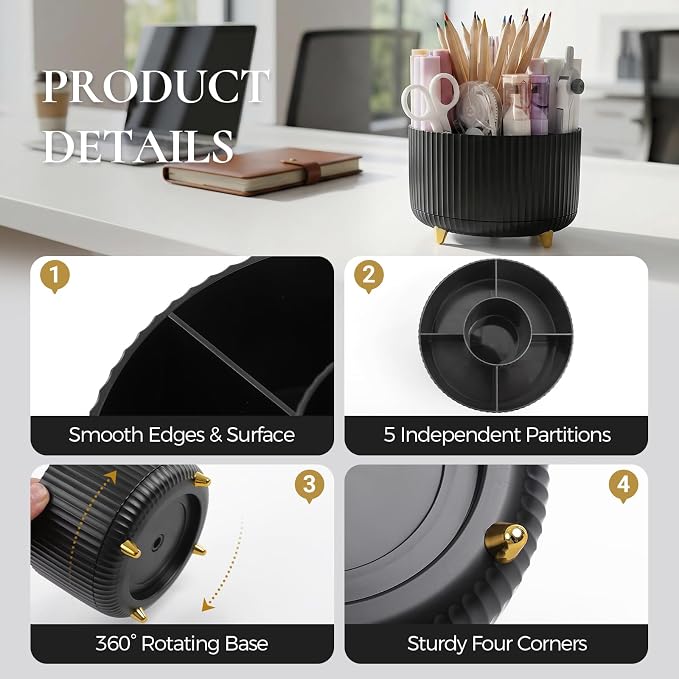 KONVINIT Pencil Pen Holder for Desk, 5 Slots 360 - Image 4