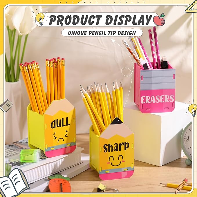 DoubleFill 3 Pcs Sharp and Dull Pencil Holder Eraser Buckets Wooden Shaped - Image 4