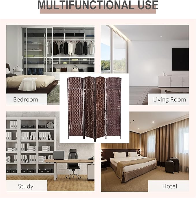 NicBex Room Divider 4 Panel Room Dividers with Woven Rattan Design Partition Room Dividers and Folding Privacy Screens 6 FT Wall Divider for Office, Room Separation,70.75"W x 0.75"D x 70.75"H, Brown-DeskLoop Office