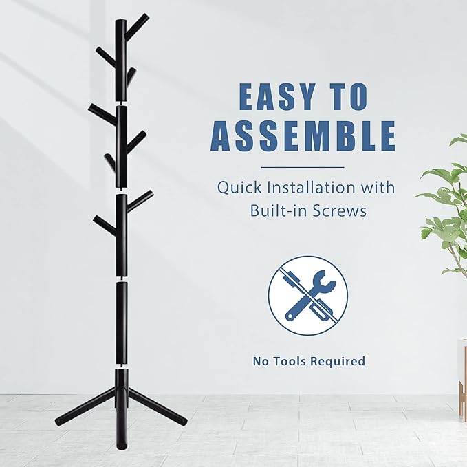 Haddockway Wooden Coat Rack Stand with 8 Hooks New Zealand Pine 3 Adjustable Coat Standing Tree Easy Assembly for Coats, Hats, Scarves and Handbags for Entryway, Hallway, Bedroom, Office,2 PCS-DeskLoop Office