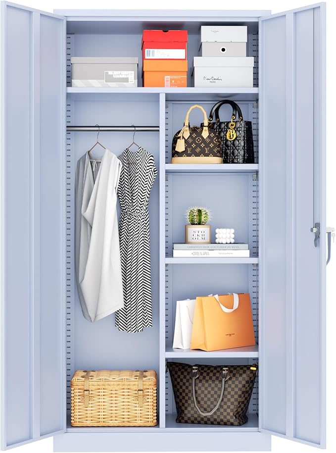 Greenvelly Metal Storage Wardrobe Cabinet with Lock, 72" Dark Grey Metal Wardrobe Closet for Hanging Clothes with Doors and Shelves, Modern Clothes Closet for Home, Office and Bedroom, School,Gym-DeskLoop Office