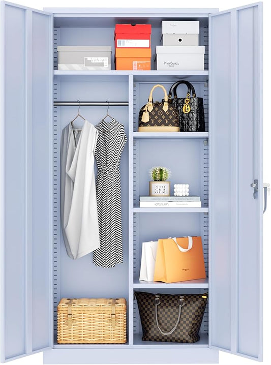 Greenvelly Metal Storage Wardrobe Cabinet with Lock, 72" Dark Grey Metal Wardrobe Closet for Hanging Clothes with Doors and Shelves, Modern Clothes Closet for Home, Office and Bedroom, School,Gym-DeskLoop Office