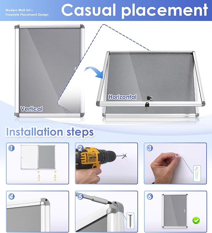 SWANCROWN Enclosed Bulletin Board Lockable Noticeboard Case with Aluminium Frame,Grey Felt, 20x14inch (2xA4)-DeskLoop Office